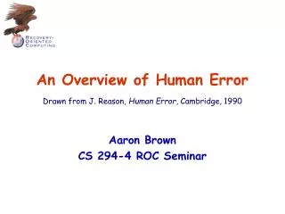 An Overview of Human Error Drawn from J. Reason, Human Error , Cambridge, 1990