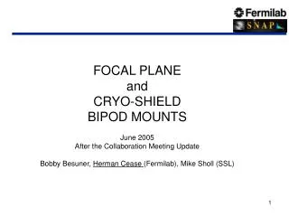 FOCAL PLANE and CRYO-SHIELD BIPOD MOUNTS June 2005 After the Collaboration Meeting Update Bobby Besuner, Herman Ceas