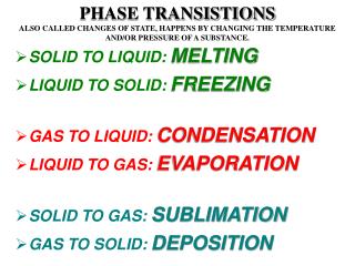 PHASE TRANSISTIONS ALSO CALLED CHANGES OF STATE, HAPPENS BY CHANGING THE TEMPERATURE AND/OR PRESSURE OF A SUBSTANCE.