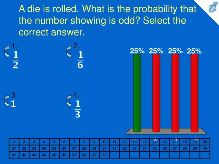 a die is rolled what is the probability that the number showing is odd select the correct answer