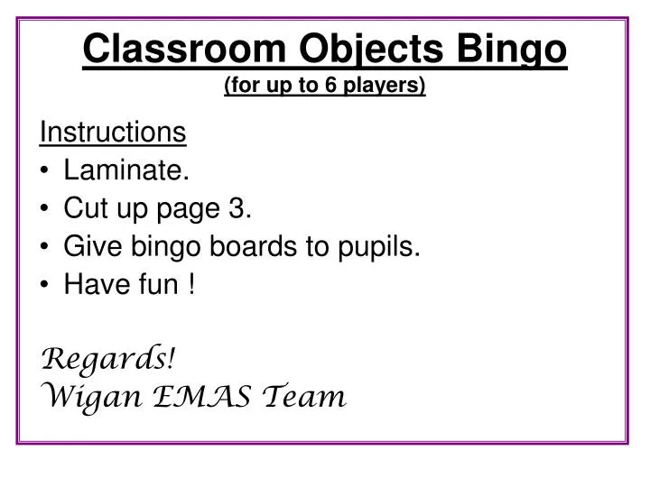 classroom objects bingo for up to 6 players