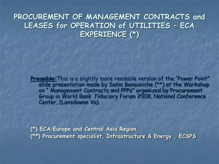 procurement of management contracts and leases for operation of utilities eca experience
