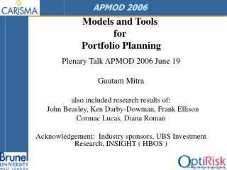 Models and Tools for Portfolio Planning