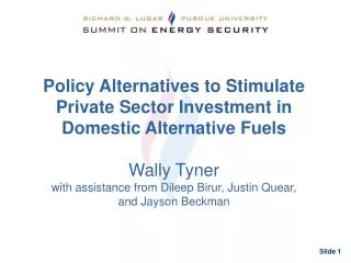 Policy Alternatives to Stimulate Private Sector Investment in Domestic Alternative Fuels Wally Tyner with assistance fro