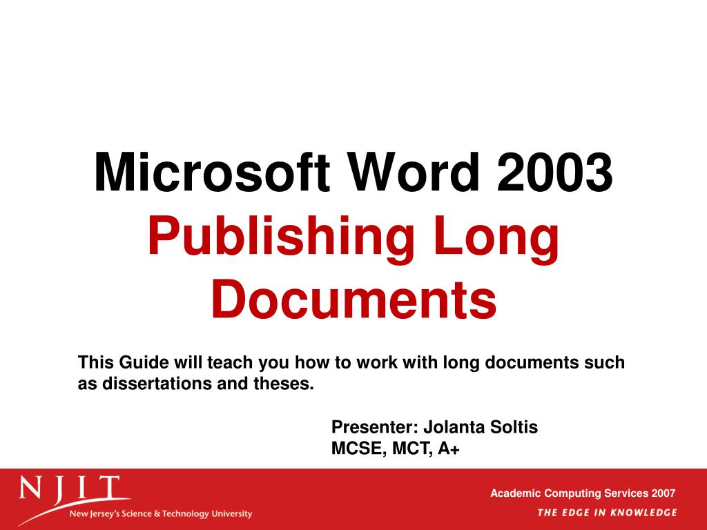 PPT - Microsoft Word 2003 Publishing Long Documents PowerPoint ...