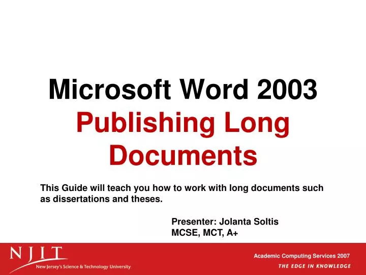 microsoft word 2003 publishing long documents