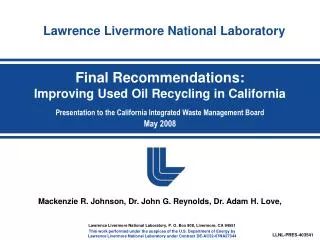 Final Recommendations: Improving Used Oil Recycling in California Presentation to the California Integrated Waste Manage