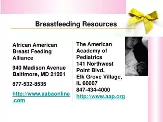 African American Breast Feeding Alliance 940 Madison Avenue Baltimore, MD 21201 877-532-8535 http://www.aabaonline.com