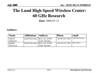 The Lund High Speed Wireless Center: 60 GHz Research