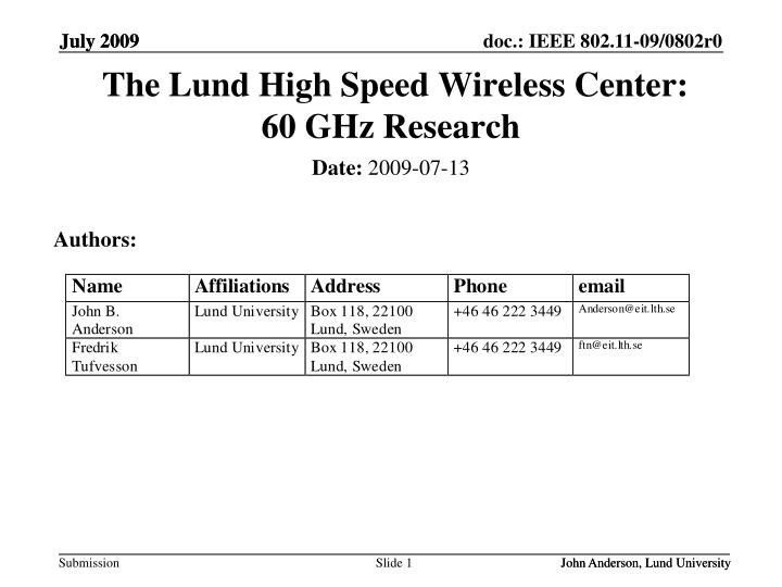 the lund high speed wireless center 60 ghz research