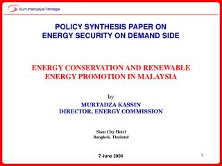 POLICY SYNTHESIS PAPER ON ENERGY SECURITY ON DEMAND SIDE