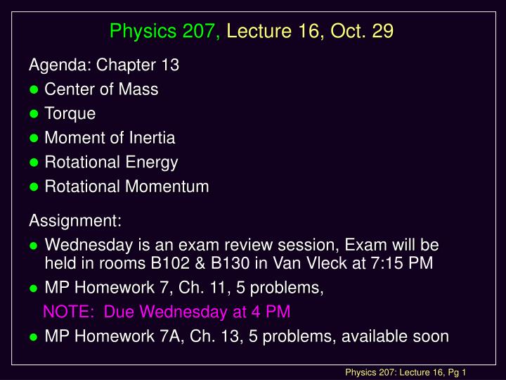 physics 207 lecture 16 oct 29