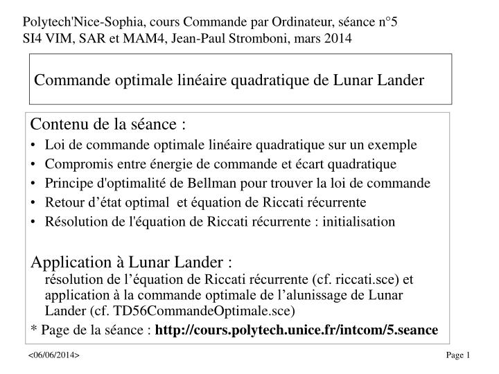 commande optimale lin aire quadratique de lunar lander