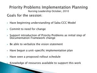 Priority Problems Implementation Planning Nursing Leadership October, 2010