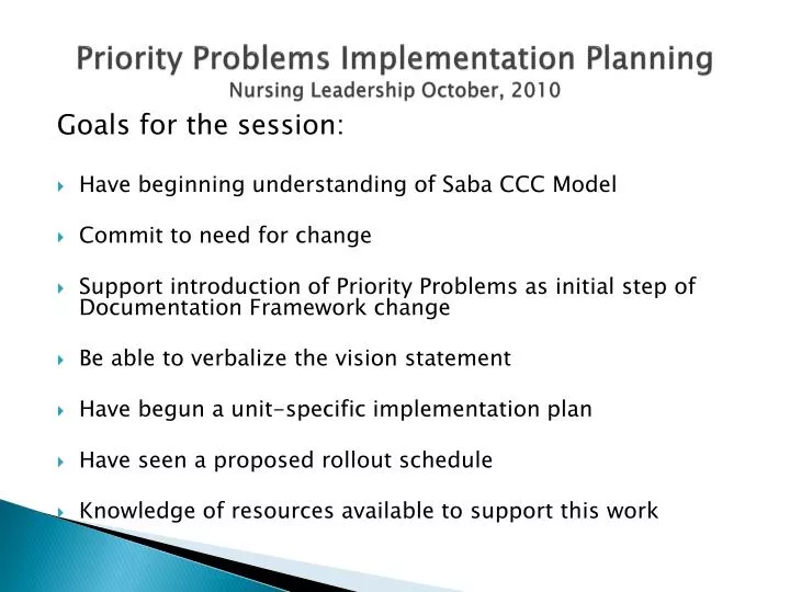 priority problems implementation planning nursing leadership october 2010