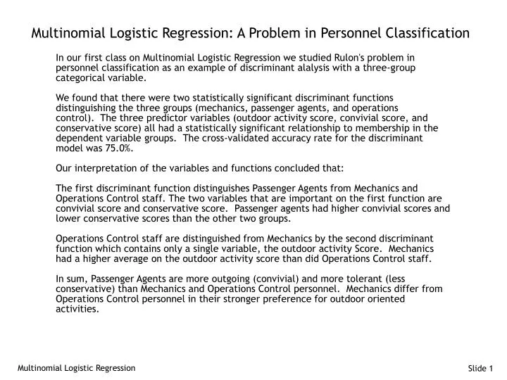 multinomial logistic regression a problem in personnel classification