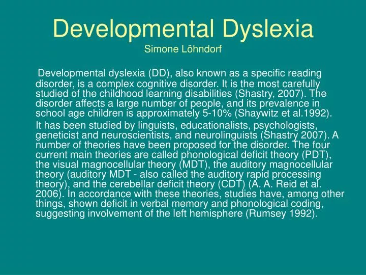 developmental dyslexia simone l hndorf