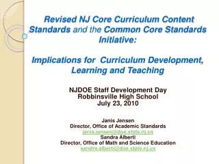 Revised NJ Core Curriculum Content Standards and the Common Core Standards Initiative: Implications for Curriculum De
