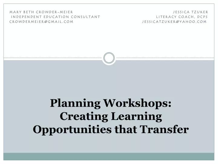 planning workshops creating learning opportunities that transfer