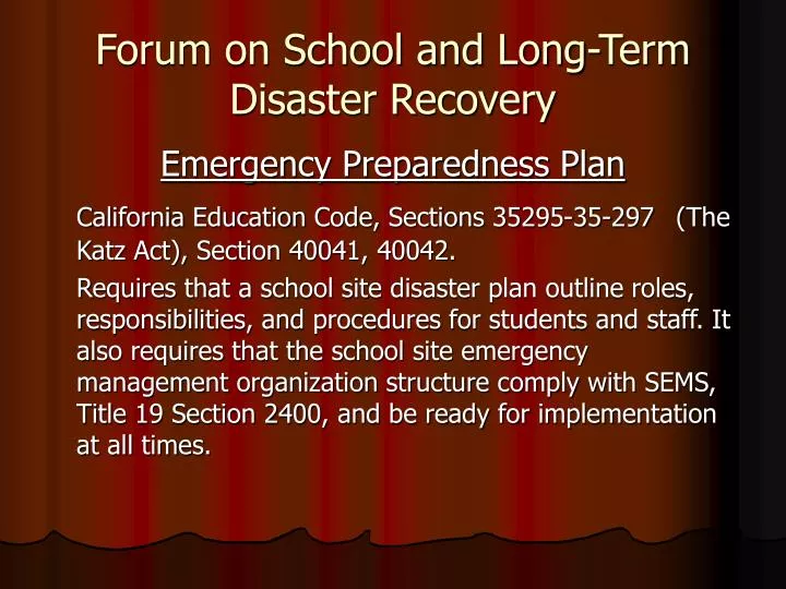 forum on school and long term disaster recovery