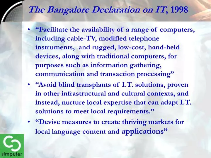 the bangalore declaration on it 1998