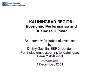 KALININGRAD REGION: Economic Performance and Business Climate