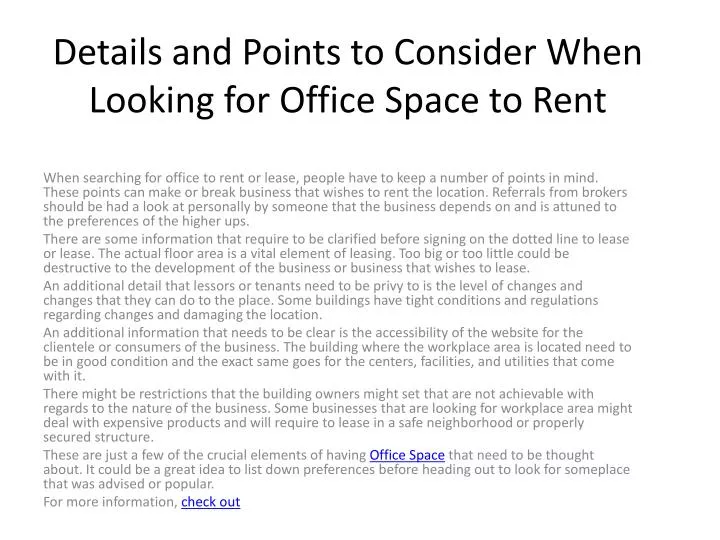 details and points to consider when looking for office space to rent
