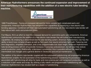 American Hydroformers announces the continued expansion