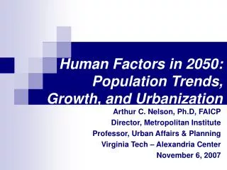 Human Factors in 2050: Population Trends, Growth, and Urbanization