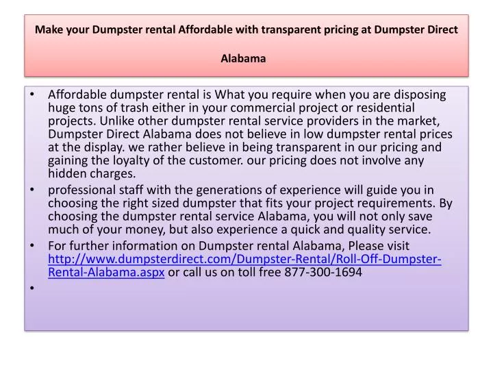make your dumpster rental affordable with transparent pricing at dumpster direct alabama