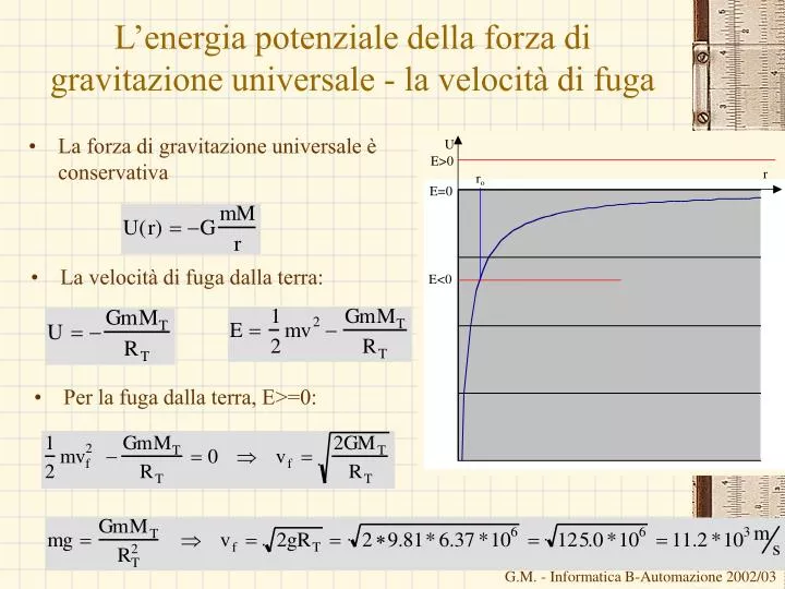 l energia potenziale della forza di gravitazione universale la velocit di fuga