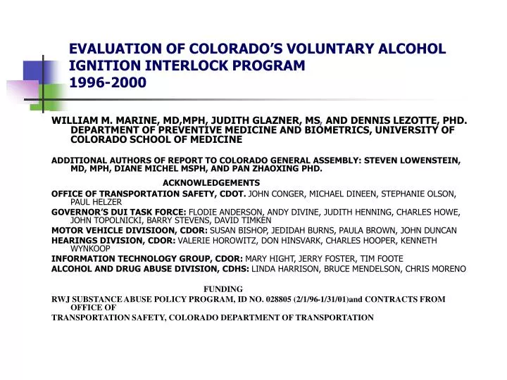 evaluation of colorado s voluntary alcohol ignition interlock program 1996 2000