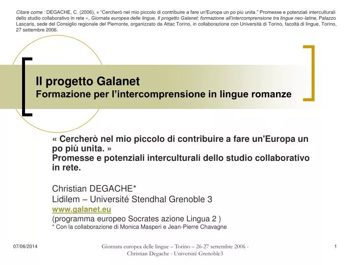 il progetto galanet formazione per l intercomprensione in lingue romanze