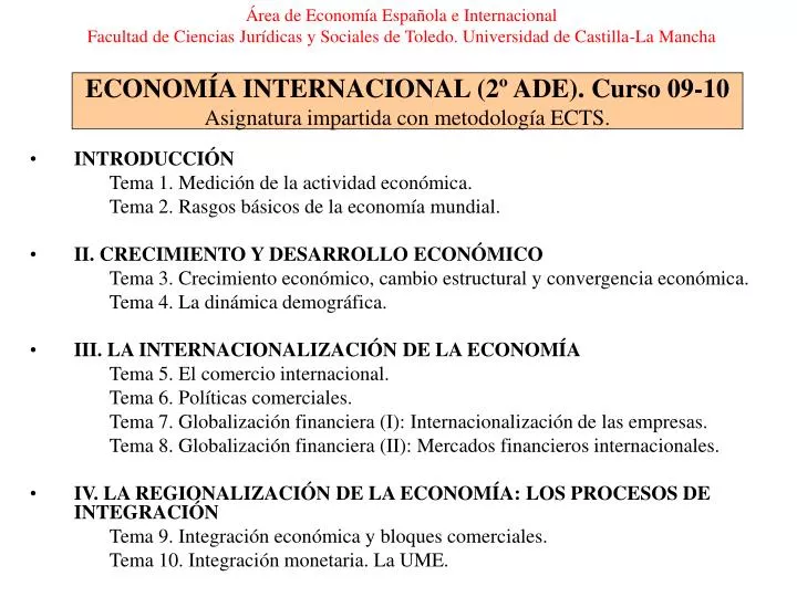 econom a internacional 2 ade curso 09 10 asignatura impartida con metodolog a ects