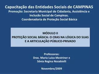 Professoras: Dras . Maria Luiza Mestriner e Sônia Regina Nozabielli Novembro/2009