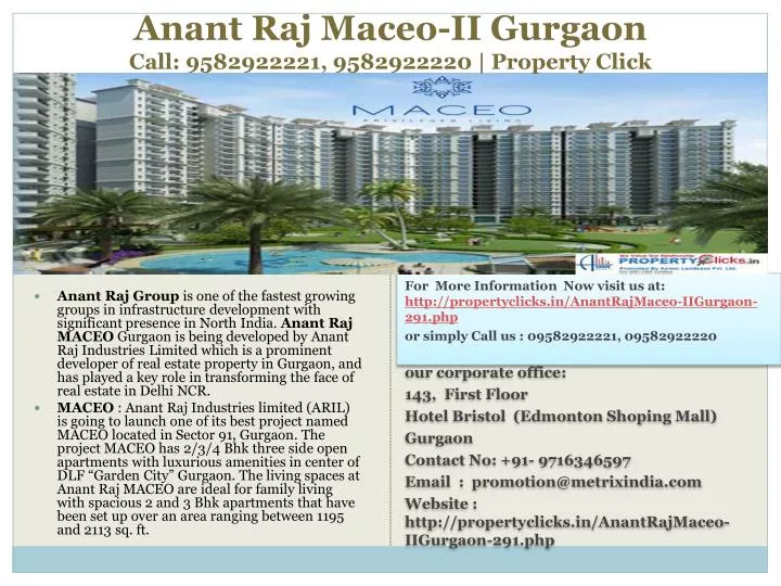 anant raj maceo ii gurgaon call 9582922221 9582922220 property click