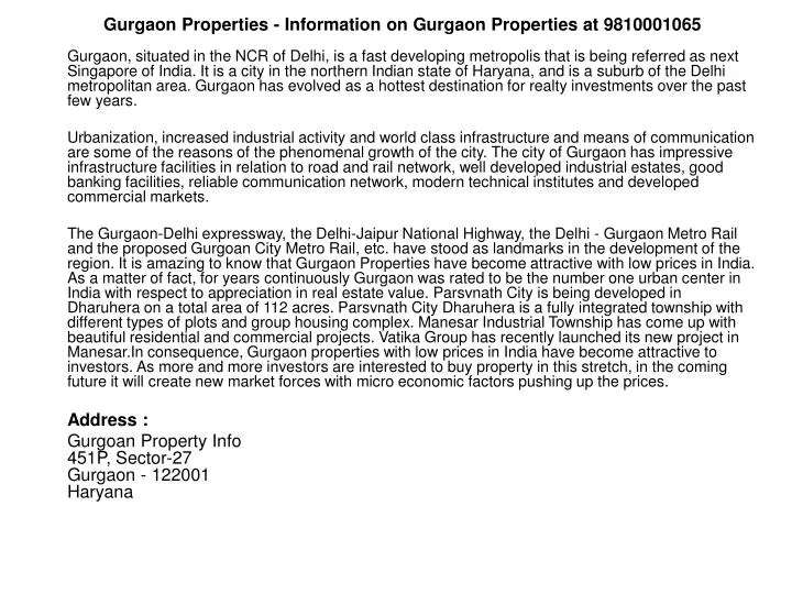 gurgaon properties information on gurgaon properties at 9810001065