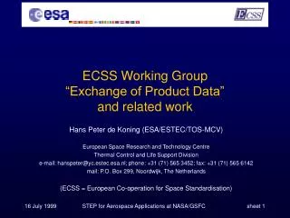 ECSS Working Group “Exchange of Product Data” and related work