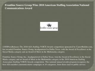 Frontline Source Group Wins 2010 American Staffing Associati