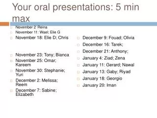 Your oral presentations: 5 min max