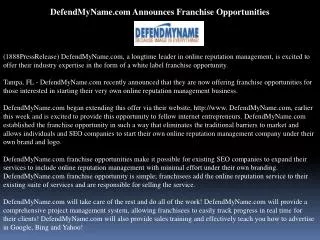 defendmyname.com announces franchise opportunities