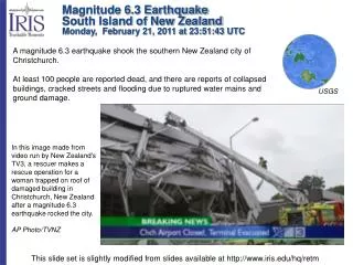 Magnitude 6.3 Earthquake South Island of New Zealand Monday, February 21, 2011 at 23:51:43 UTC