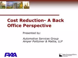 Cost Reduction- A Back Office Perspective
