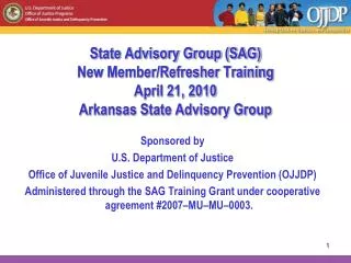 State Advisory Group (SAG) New Member/Refresher Training April 21, 2010 Arkansas State Advisory Group