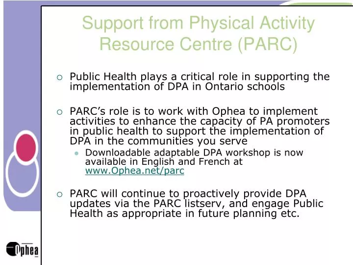 support from physical activity resource centre parc