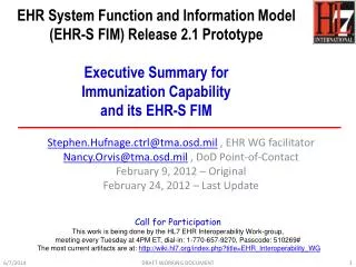 EHR System Function and Information Model (EHR-S FIM) Release 2.1 Prototype Executive Summary for Immunization Capabi