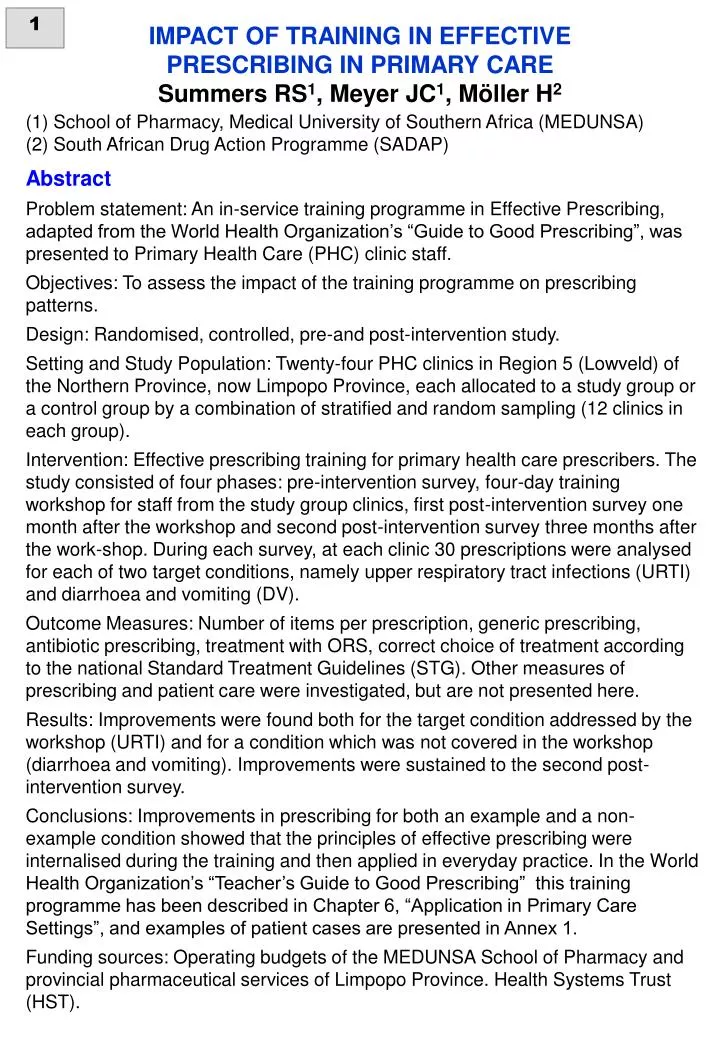 impact of training in effective prescribing in primary care summers rs 1 meyer jc 1 m ller h 2