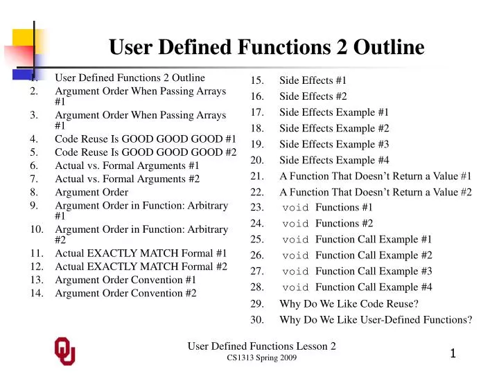 user defined functions 2 outline