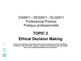 CSI2911 / SEG2911 / ELG2911 Professional Practice Pratique professionnelle