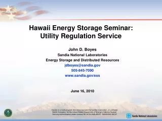 Hawaii Energy Storage Seminar: Utility Regulation Service